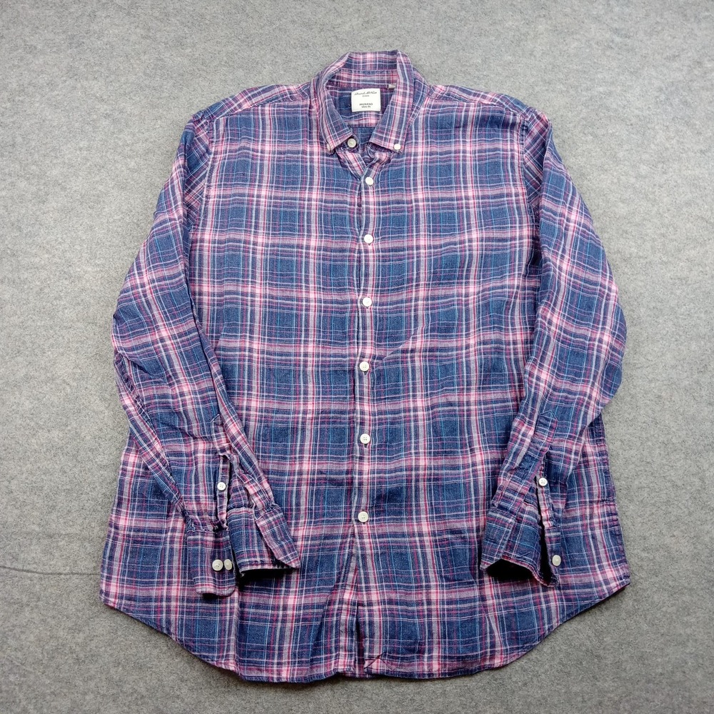Murano Shirt Mens XL Baird McNutt Linen Blue Pink Plaid Slim Fit Button Up‎
